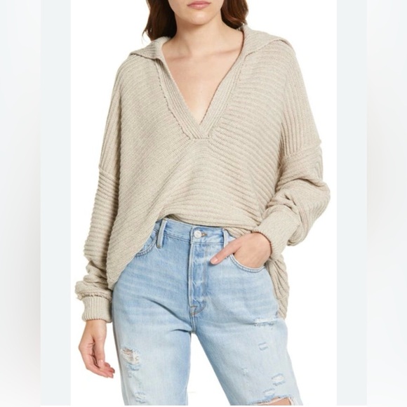 Free People Marlie Oversized V-Neck Sweater in Oatmeal - Picture 2 of 15